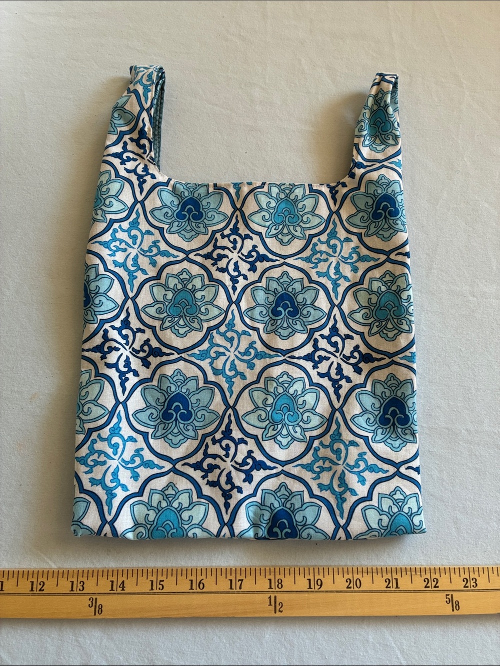 Blue Floral Tile-Pattern Mini Reusable Tote Bag